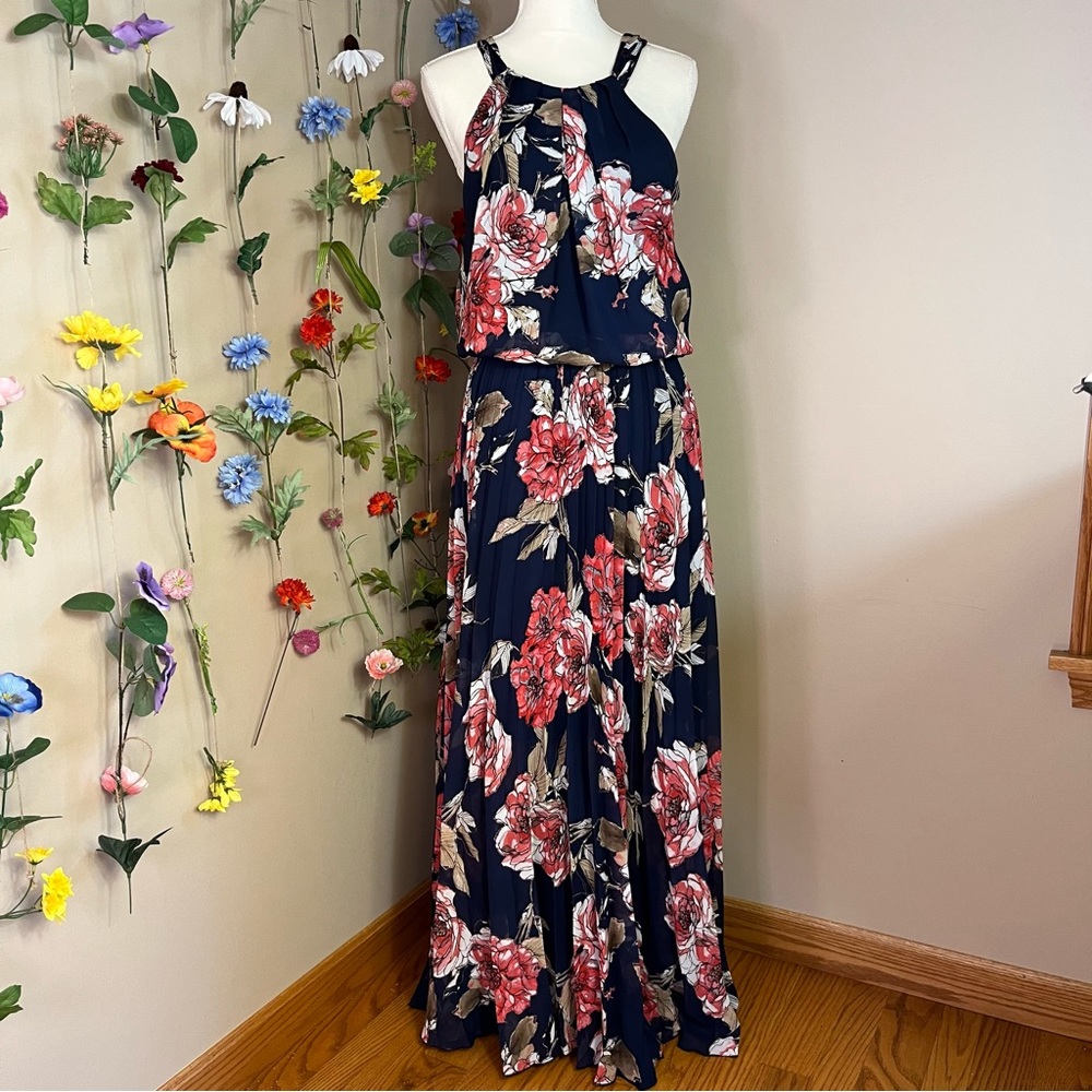 Bisou Bisou Navy Floral Maxi with tie on back